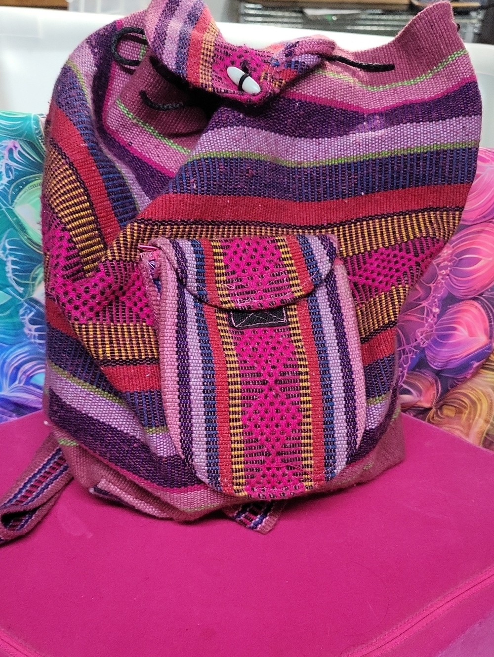 Handwoven Stripe Pattern Drawstring Backpack Bag - Pink & Purple